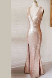 Pretty Sheath Floor Length Deep V Neck Sleeveless Open Back Sparkly Prom Dresses