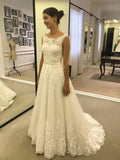 A Line Lace Appliques Tulle Ivory Scoop Long Wedding Dresses Cheap Bridal Dresses