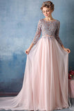 Pink A Line Sweep Train Jewel Neck 3/4 Sleeve Appliques Prom Dresses