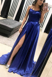 Royal Blue A Line Brush Train Sleeveless Backless Side Slit Prom Dresses