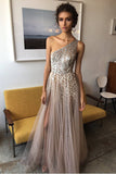 A Line Floor Length One Shoulder Sleevless Beading Side Slit Prom Dresses