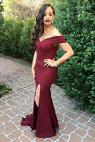 Burgundy Sheath Brush Train Off Shoulder Side Slit Prom Dresses