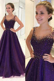 Purple A Line Floor Length Sccop Neck Sleeveless Beading Prom Dresses