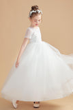 Short Sleeves Ivory Tulle Flower Girl Dresses With Lace Appliques