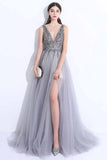 2024 New A-Line V-Neck Grey Tulle Beaded Long Sleeveless Backless Prom Dresses with Split