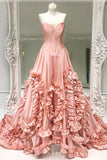 Pink A Line Chapel Train Strapless Sweetheart Sleeveless Taffeta Prom Dresses