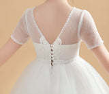 Short Sleeves Ivory Tulle Flower Girl Dresses With Lace Appliques