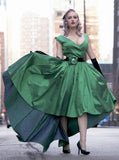 Elegant Sexy A-Line Deep V-neck Cap Sleeve High Low Green Taffeta Prom Dresses