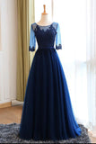 Navy Blue A Line Floor Length Half Sleeve Keyhole Back Appliques Long Prom Dresses