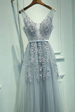 Blush A-Line V-Neck Sleeveless Gray Zipper Appliques Party Dress Prom Dresses