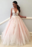 A Line Floor Length Deep V Neck Sleeveless Appliques Wedding Dresses