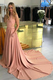 Barely Pink A Line Court Train Halter Sleeveless Sheer Back Prom Dresses