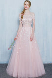 Pink A Line Floor Length Off Shoulder Appliques Beading Long Prom Dresses