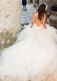 Mermaid Boat Neck Chapel Train Ivory Tulle Sleeveless Wedding Dress with Appliques Ruffles