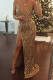 Gold Sequin Deep V-Neck Open-back Spaghetti Strap Side Slit Prom Dresses