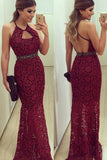 Burgundy Sheath Floor Length Halter Sleeveless Low Back Lace Prom Dresses