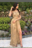 Golden A Line Floor Length Long Sleeve Lace Side Slit Prom Dresses