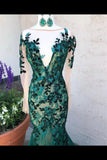 Dark Green See Through Prom Dresses With Sleeves Illusion Neck PJMH9P52