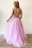 A Line Lilac Deep V Neck Beads Modest Tulle Prom Dresses, Long Formal Dresses STI15490