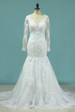 2024 Wedding Dresses Long Sleeves V Neck Mermaid Tulle PMPQ5MZF