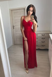 Simple Front Split Long A-Line Red Tight Cheap Prom Dresses PLD9XZ2N