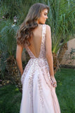 Deep V-Neck Pink A-Line Sparkly Long Prom Dresses PCN87573