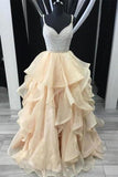 Newest Spaghetti Straps Ball Gown Beading Champagne Princess Prom Dresses P6JF21ME