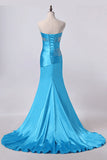 2024 Mermaid Strapless Elastic Satin With Beadings Prom Dresses Sweep/Brush PA48J1PT