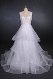 Unique V Neck Sleeveless Tulle Wedding Dresses Asymmetrical Long PHPYHEPM