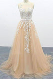 A Line Tulle Lace Appliques Sweep Train Evening Dress Senior P8NY8MA7