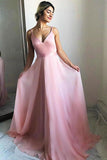 Spaghetti Straps Long V-Neck Simple Flowy Pink Prom Dresses PTG7QQ37