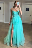 Spaghetti Straps High Slit Evening Dress Appliqued Sweep Train Long Prom STIPK6C7A1K