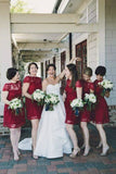 A Line Burgundy Lace Cap Sleeve Bridesmaid Dresses, Knee Length Short Wedding Party Dresses STI14995