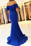 Elegant Off the Shoulder Royal Blue Mermaid Ruffle Sleeve Satin Long Prom Dresses STI15190