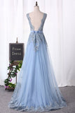 2024 Prom Dresses A-Line V-Neck Floor-Length Tulle PAHQXATQ