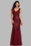 Sexy Burgundy Tulle V Neck Mermaid Sequin Prom Dresses, Evening Party Dresses STI15332