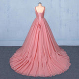 Ball Gown V Neck Tulle Prom Dress with Beads, Puffy Pink Sleeveless Quinceanera Dresses STI15074