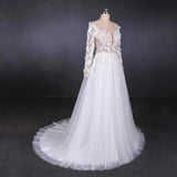 Long Sleeves White A-line Tulle Beach Wedding Dresses with Lace Appliques, Bridal Dress STI15255