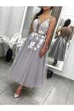 A Line V Neck Backless Tea Length Homecoming Dreses PMJ654BR