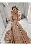 Sparkly Straps V Neck Long Prom Dresses With Sequin PL94237Q