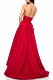 Simple V Neck Satin Prom Dress A Line Spaghetti Straps Long PK16RAXR