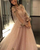 Sparkly Long Sleeves Beading Prom Dresses with Hand Made Flowers, Long Dance Dresses STI15536