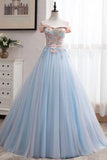 Off Shoulder Floor Length Tulle Prom Gown With Appliques Puffy Long PN4XG82J