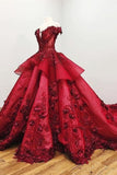 Modest Ball Gown Burgundy Lace Beading Princess Prom Dresses PNXYC3JQ