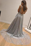 Dazzling Silver Sequins Prom Dresses Backless Formal PLNNR52B