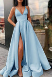 Simple A Line Yellow Spaghetti Straps Satin Prom Dresses with Slit, Party Dresss STI15386