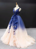 Ball Gown Ombre V Neck Tulle Royal Blue Long Prom Dresses, Quinceanera Dresses STI15067