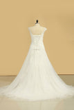 2024 V Neck A Line Wedding Dresses Tulle With Applique PCPHTD51