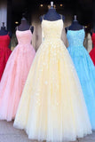 A Line Tulle Yellow Spaghetti Straps Prom Dresses with Appliques, Party STI20385