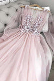 Floor Length Long Sheer Sleeves V Neck Prom Dress With PABKC465